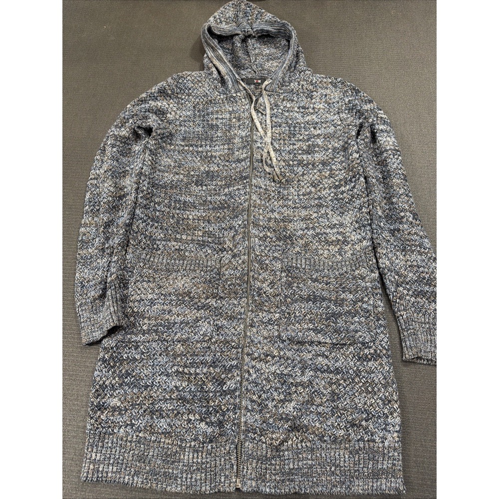 YEST Knit Sweater Full Zipper Long Pockets‎ Hooded Blue Orange Basket Weave